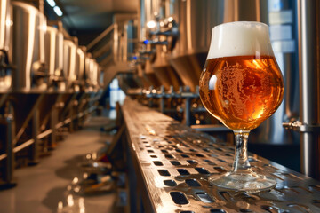 A glass of beer sits on a counter in a brewery. The atmosphere is industrial and the beer is poured into the glass - obrazy, fototapety, plakaty