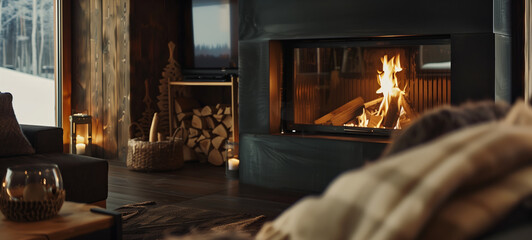 Cozy Rustic Cabin Fireplace in a Warm Living Room. Inviting Country Lounge with Fireplace and Plush Armchair