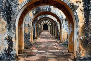 Naklejka premium The arched tunnel is made of stone and has a lot of moss growing on it. The tunnel is long and narrow, and it is a part of an old building. The atmosphere of the image is mysterious and somewhat eerie
