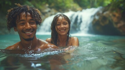 Smiling backpackers taking a break from their journey to enjoy a refreshing dip in an Asian waterfall, cooling off on a hot summer day. - obrazy, fototapety, plakaty