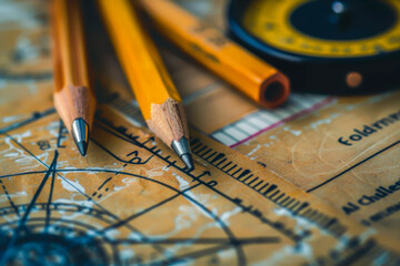Three pencils and a compass are on a piece of paper. Concept of precision and accuracy, as the pencils and compass are tools used for measuring and drawing - obrazy, fototapety, plakaty