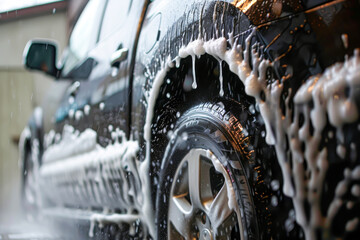 A black truck with white tires is covered in foam. The foam is covering the entire truck, including the wheels - 792571100