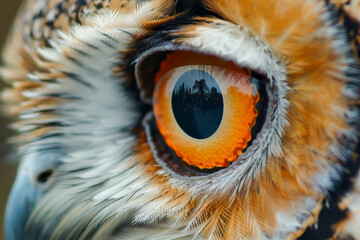 The eye of an owl is shown in detail, with the iris being the main focus. The eye is surrounded by feathers, giving it a sense of depth and texture. Concept of mystery and intrigue