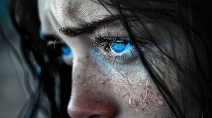 As she cried her deep blue eyes were filled with sorrow and despair the reflections mirroring the pain in her heart. .