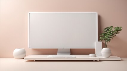 A minimal render of a white desk with a white iMac style computer