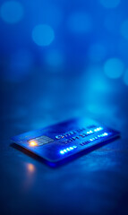 Futuristic glowing credit card, on a blue background,