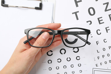 Glasses with a label for a paper vision test
