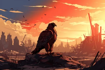  cartoon illustration, an eagle bird in a destroyed city with a sunset © Julaini