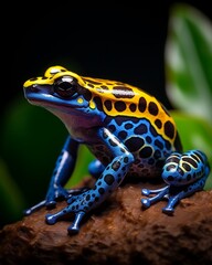 Fototapeta premium Macro shot of a colorful poison dart frog, vivid blue and yellow pattern, perched on a dark tropical leaf, concept of biodiversity