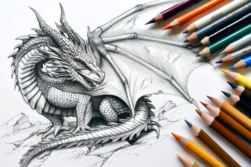 A drawing of a dragon with a pencil and a box of colored pencils. The dragon is sitting on a rock and has a menacing look on its face. The colored pencils are arranged in a rainbow pattern