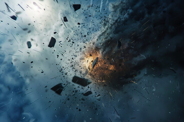 A space filled with debris and a large explosion. Scene is chaotic and destructive