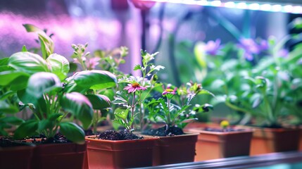 Cultivating indoor flower seedlings using full spectrum LED lights, displayed on shelves.