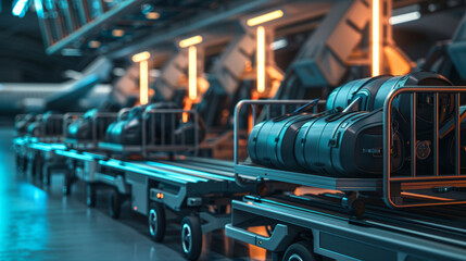 Airport baggage carts waiting to be loaded onto a plane, Futuristic , Cyberpunk