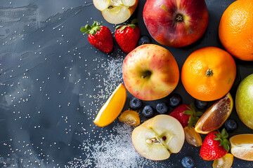 A variety of fruits including apples, oranges, and strawberries are displayed on a table. Concept of freshness and abundance, as the fruits are arranged in a visually appealing manner - obrazy, fototapety, plakaty