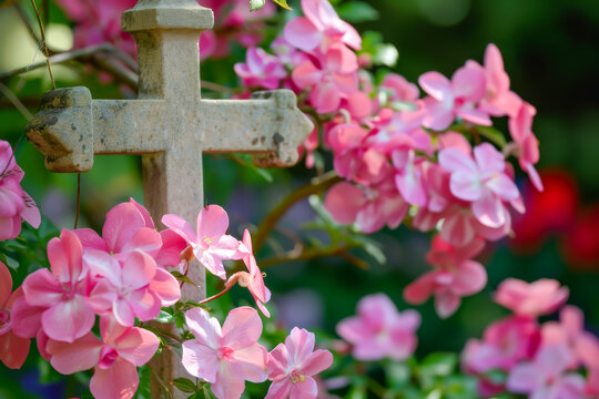 A white cross is surrounded by pink flowers. The flowers are in full bloom and are scattered throughout the scene. The cross is positioned in the center of the image