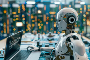 A robot is sitting in front of a laptop computer. The robot is wearing a white suit and has a human-like face. Concept of technology and artificial intelligence
