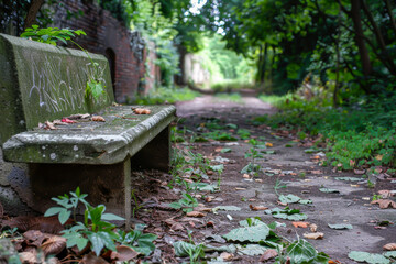 A stone bench is in a park with a path in front of it. The bench is empty and has a few leaves on it. The path is covered in leaves and grass, giving the scene a natural and peaceful atmosphere