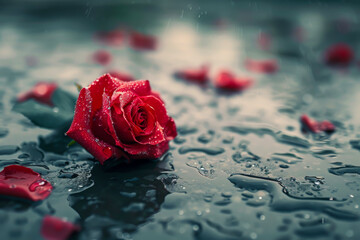 A single red rose is sitting on a wet surface. The water droplets on the rose give it a fresh and vibrant appearance. Concept of tranquility and beauty - obrazy, fototapety, plakaty