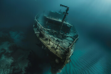 A shipwreck is seen in the ocean with a blue sky in the background. The ship is old and rusted, and the water is calm. Concept of mystery and adventure, as well as the passage of time - obrazy, fototapety, plakaty