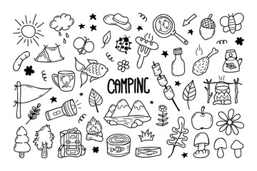 Vector set of camping in doodle style. Hand-drawn travel elements. Stock isolated image on a white background.Cute doodle style icons.