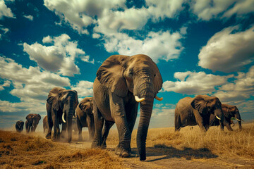 A herd of elephants walking across a field. The sky is blue and there are clouds in the background