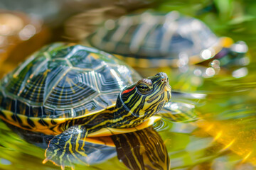 A turtle is swimming in a pond. The water is green and the turtle is yellow and black