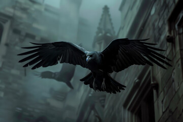 Obraz premium A black crow is flying in the sky above a city. The image has a dark and mysterious mood, with the crow being the main focus