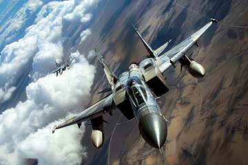 Two fighter jets are flying in the sky, one of which is a jet fighter. The sky is cloudy and the planes are flying in formation - obrazy, fototapety, plakaty