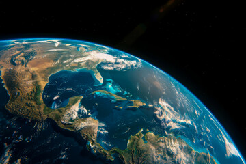 A close up of the Earth from space. The planet is a beautiful blue and green color, with the oceans and continents visible. The atmosphere is calm and peaceful