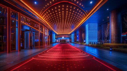 Luxury and Glamour: A photo of a glamorous casino entrance, with a red carpet, bright lights, and sleek, modern architecture