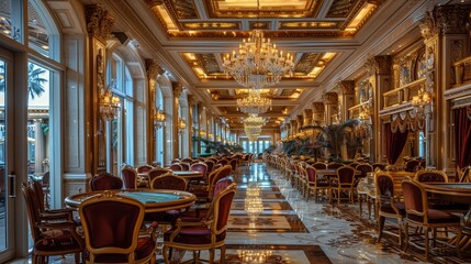 Luxury and Glamour: A photo of a luxurious casino interior, featuring elegant chandeliers, plush velvet seating, and golden accents