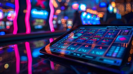Online Casinos: A photo of a tablet device displaying a mobile casino app, with a realistic and immersive gaming experience - obrazy, fototapety, plakaty