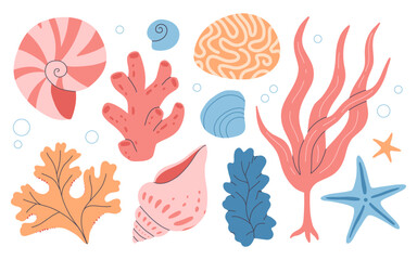 Set of underwater ocean coral reef plants, corals, anemones and shells. Aquatic and aquarium seaweeds, tropical coral-reef elements. Marine algae, sea wildlife, sponges, seagrasses and mollusk shells.
