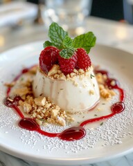Panna Cotta with Raspberries and Crunchy Crumbles. Generative AI.