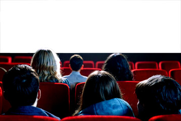 Mockup of large empty screen in cinema, audience watching movie. People visit cinema, looking on big screen, advertising template for your text, mock-up. Business idea design concept. Copy ad space