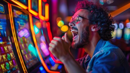 Playing Slot Machines: A photo of a person cheering and clapping while playing a slot machine - obrazy, fototapety, plakaty