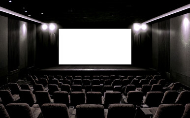 Mockup of large empty screen in cinema for watching movie, no people. Film theatre screen with big shield, advertising template for your text, mock-up. Business idea design concept. Copy ad space