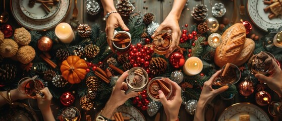 A festive holiday gathering with friends and family, featuring a table adorned with seasonal decorations and cups of Stray Wintech coffee. - obrazy, fototapety, plakaty