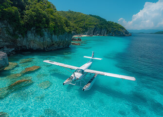 A seaplane taking off from a crystal-clear blue ocean with tropical islands in the background