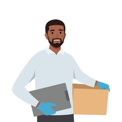 Young delivery man or courier service with uniform holding box package and showing clipboard document. Flat vector illustration isolated on white background