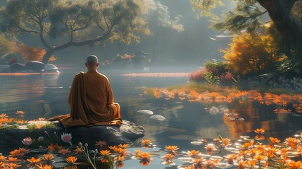 A monk gazes at their own reflection in a tranquil pond. - obrazy, fototapety, plakaty