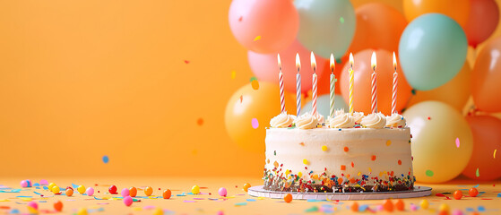 Birthday party with birthday cake, candles, balloons on orange background copy space