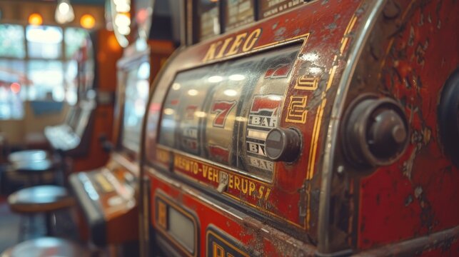 Slot Machine Vintage: A photo of a vintage slot machine's coin return, with retro typography and design