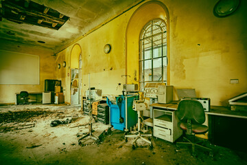 The abandoned rotten morgue from a hospital.
