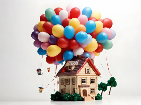 Child house with balloons  where for  Hinter ground Ai generative 