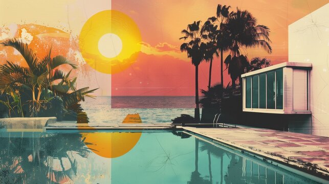 Stylized retro image of a poolside view with tropical sunset and palm trees