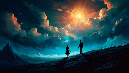 Beautiful artistic digital painting of silhouettes of a couple man and woman standing on a hill surrounded by fantastic scenic mystical landscape. Love romance wedding colorful illustration concept. - obrazy, fototapety, plakaty