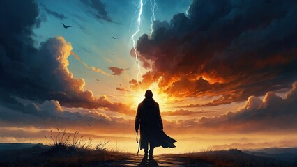 A silhouette of single person stranger traveller walking alone down the road surrounded by surreal mystical landscape. Scenic dramatic clouds and sunlight adventure illustration wallpaper concept. - obrazy, fototapety, plakaty