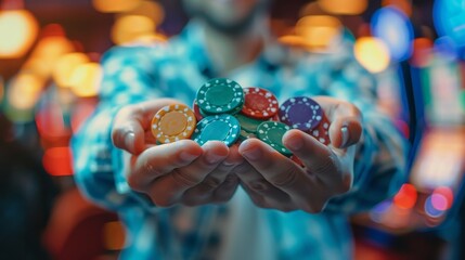 Winning and Celebration: A photo of a person holding a handful of casino chips in one hand and making a winning gesture with the other hand - obrazy, fototapety, plakaty