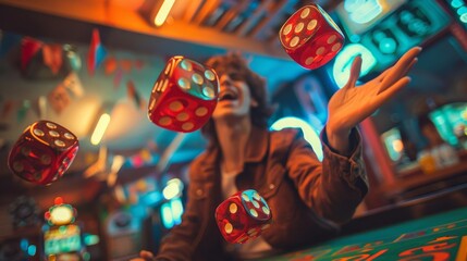 Winning and Celebration: A photo of a person throwing dice in celebration after a successful roll at a craps table
